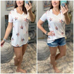 ❤️‍🔥Stars and Stripes 4th of July Star Print V-Neck Red White Blue 0422